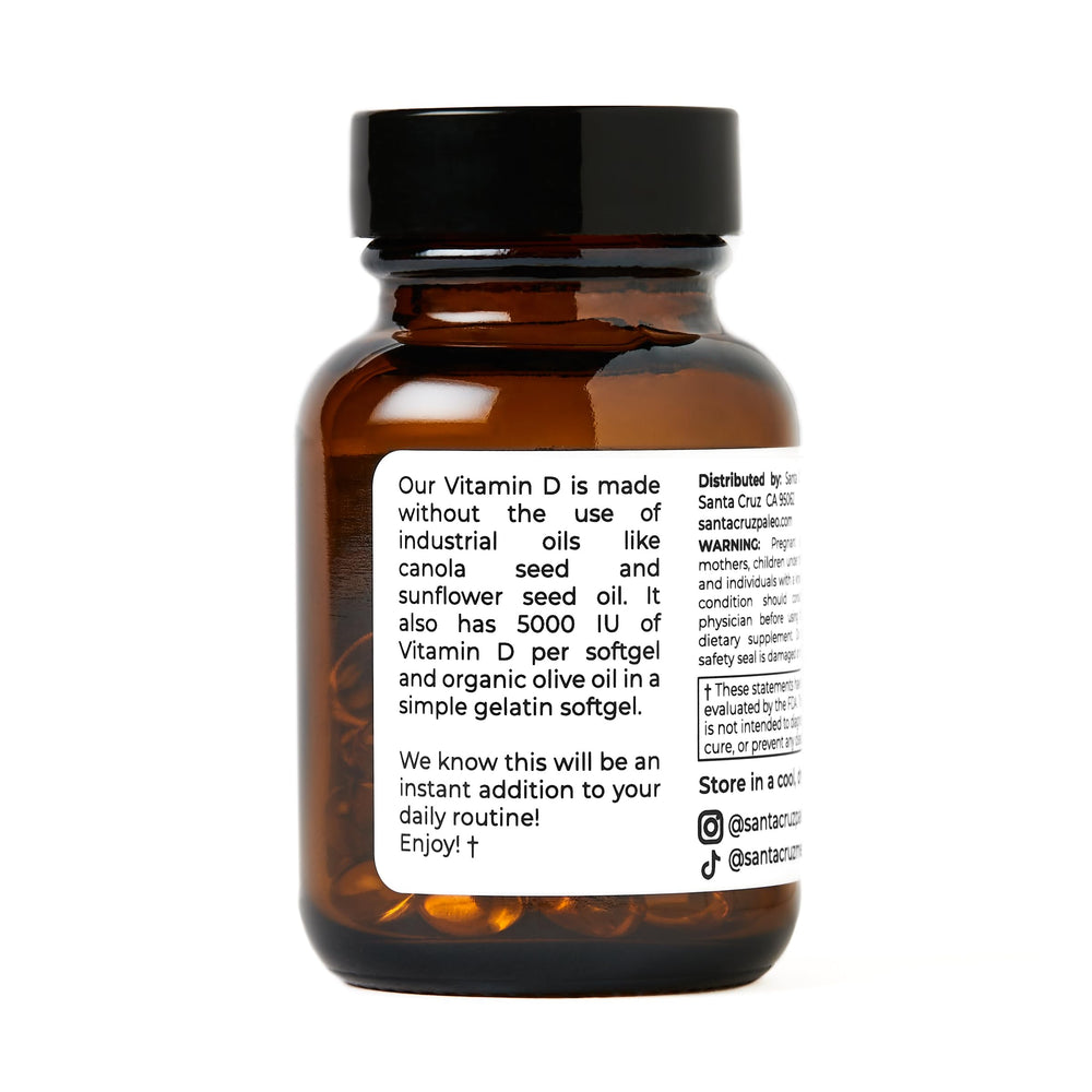 Santa Cruz Paleo D3 bottle shown in a keto-friendly setting.