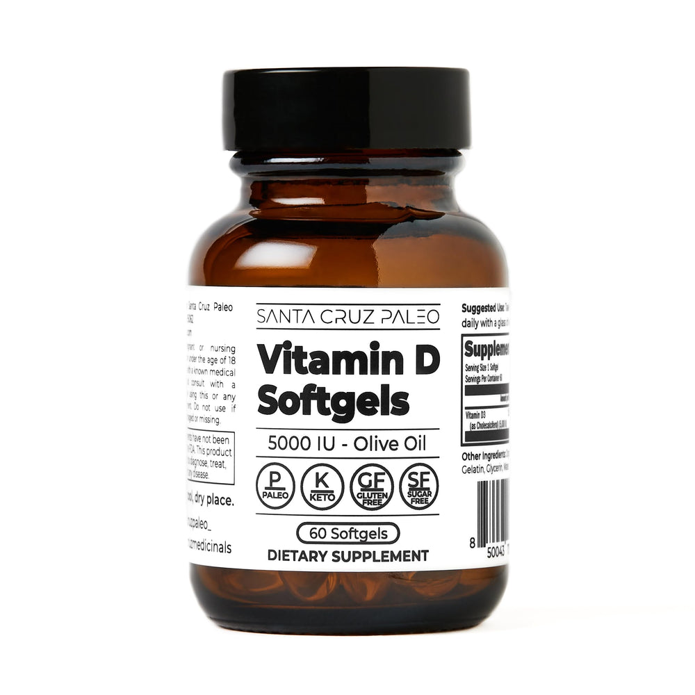 Santa Cruz Paleo Vitamin D3 softgel bottle showing 5000 IU for bone support.