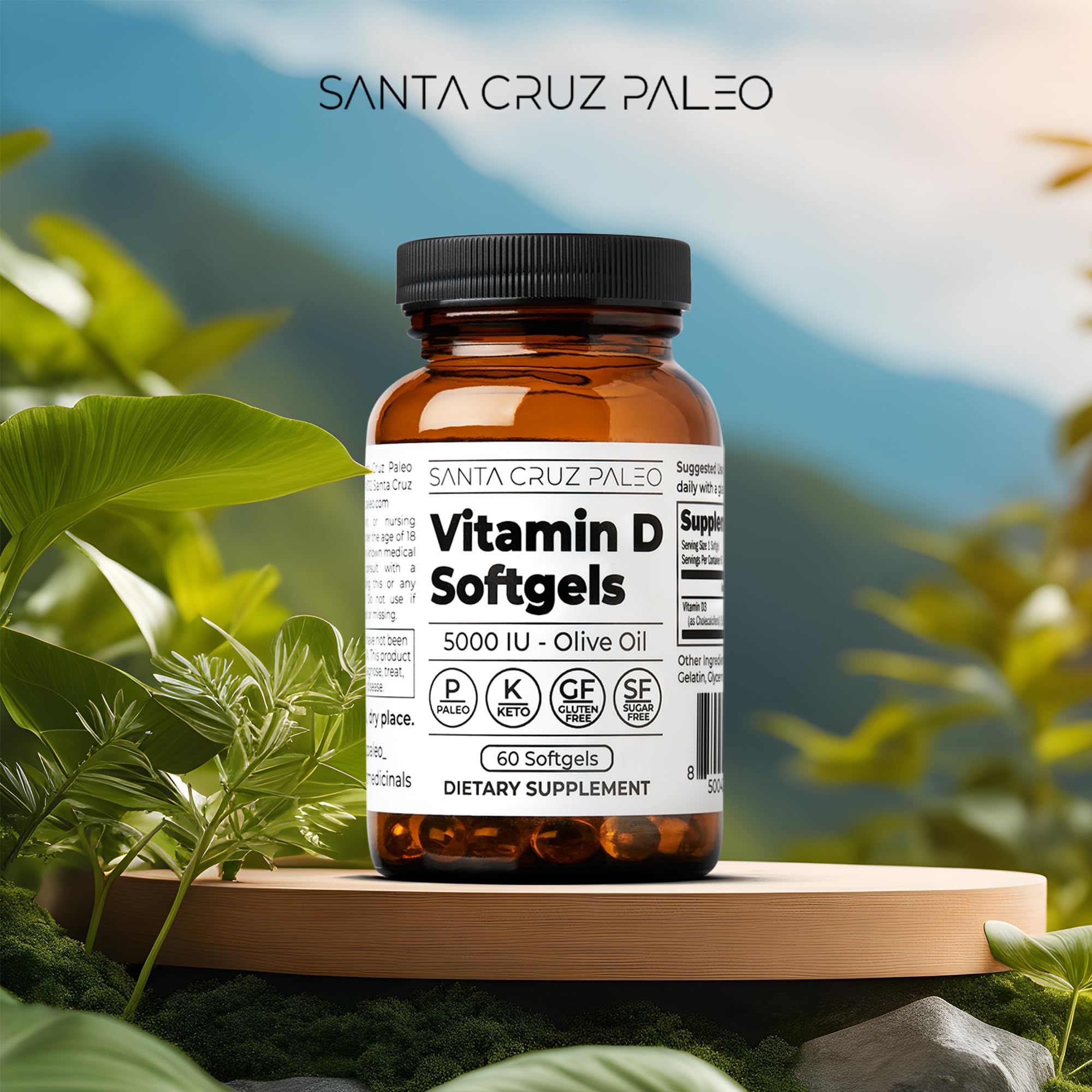Santa Cruz Paleo vitamin D3 softgels pour highlighting olive oil carrier for absorption.