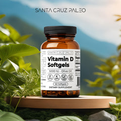 Santa Cruz Paleo vitamin D3 softgels pour highlighting olive oil carrier for absorption.