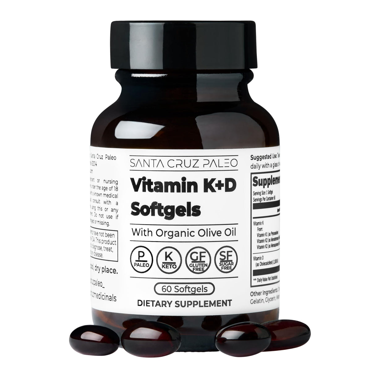Santa Cruz Paleo Vitamin K2 D3 softgel bottle showing two K forms with olive oil base