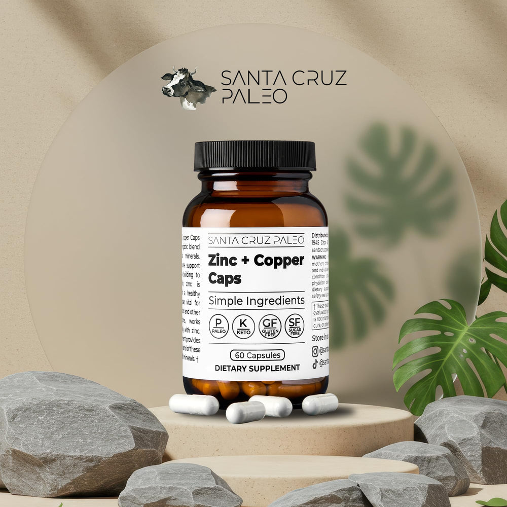 Santa Cruz Paleo zinc + copper capsules highlight gentle absorption with zinc L-methionine.