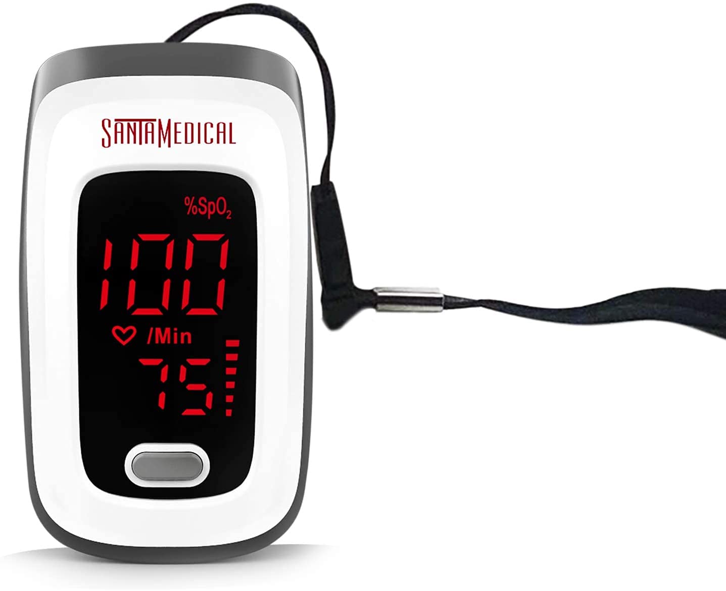 Santamedical Fingertip Pulse Oximeter display highlights SpO2 and pulse bar graph