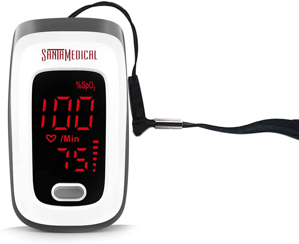 Santamedical Fingertip Pulse Oximeter display highlights SpO2 and pulse bar graph