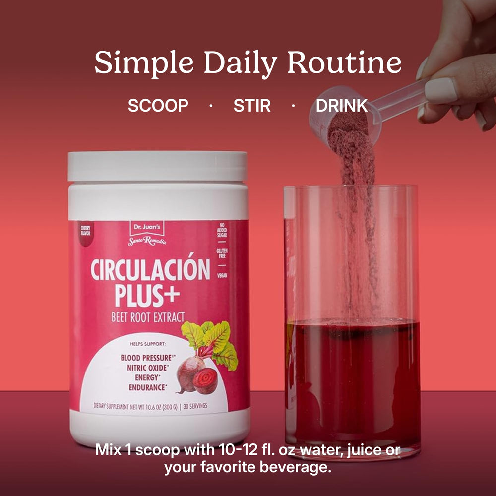 Beet root imagery with Circulación Plus branding emphasizing nitric oxide support.