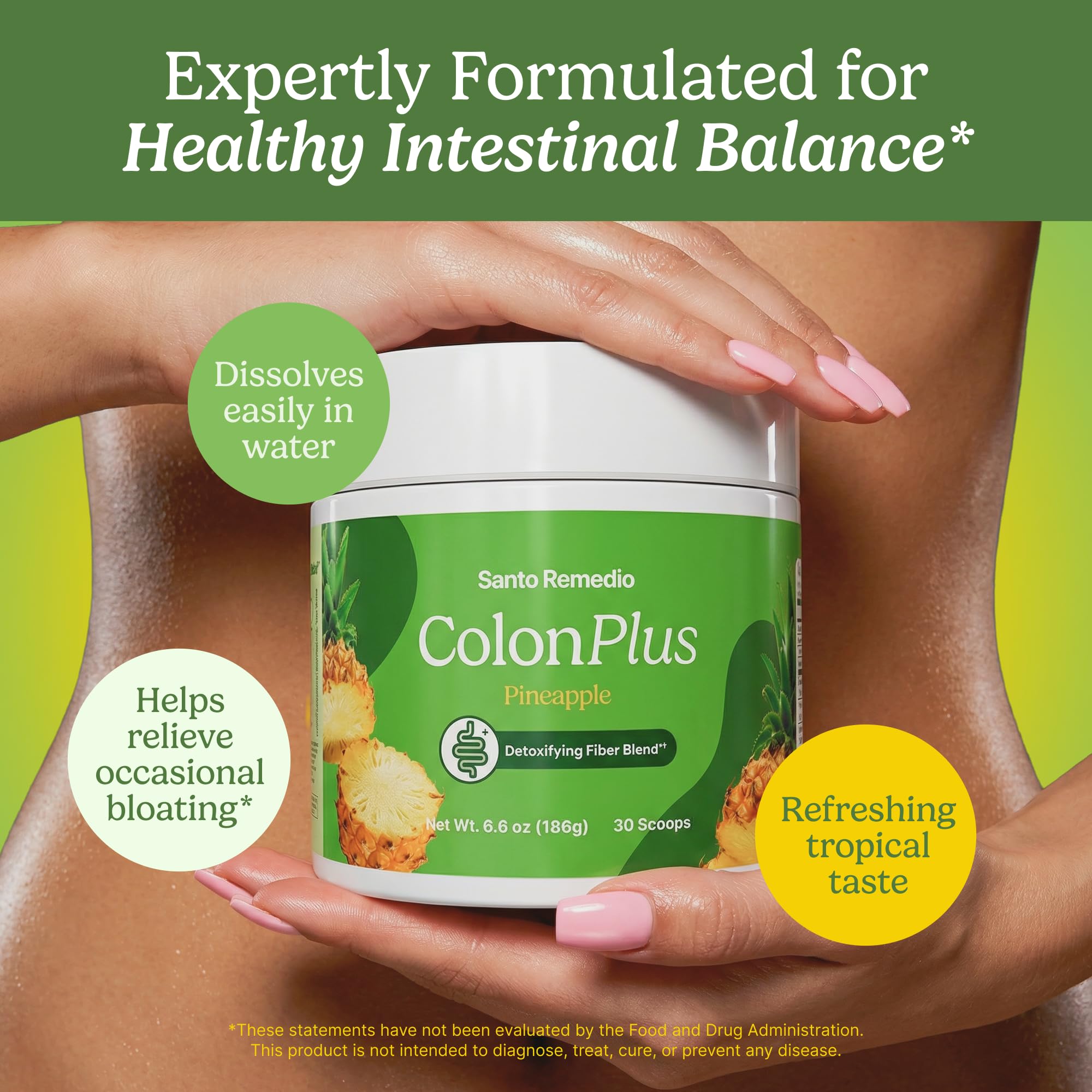 Santo Remedio Colon Plus glass of water with product dissolving smoothly.