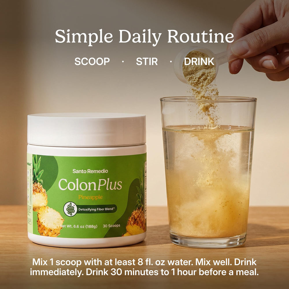 Santo Remedio Colon Plus psyllium husk fiber image highlights fiber intake.