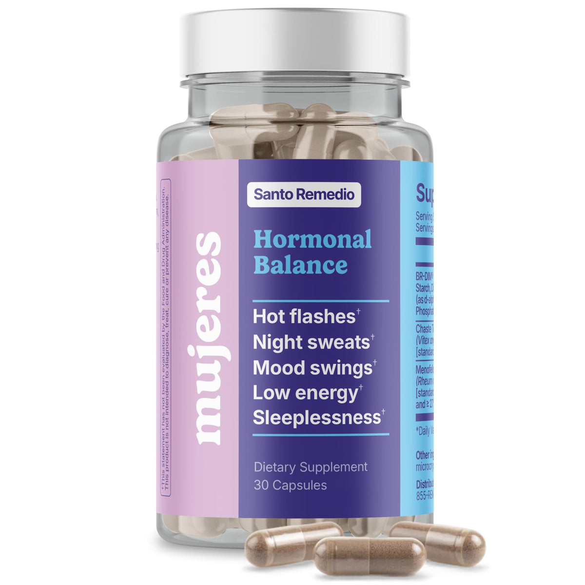 Santo Remedio Hormonal Balance bottle shows non-hormonal menopause support at a glance.