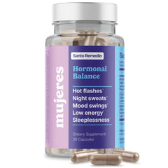 Santo Remedio Hormonal Balance bottle shows non-hormonal menopause support at a glance.