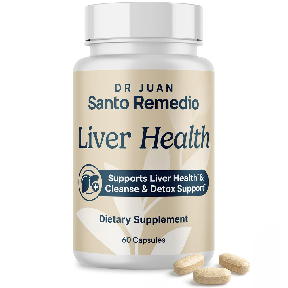 Santo Remedio liver health bottle front, highlighting milk thistle and DHM for daily liver support.