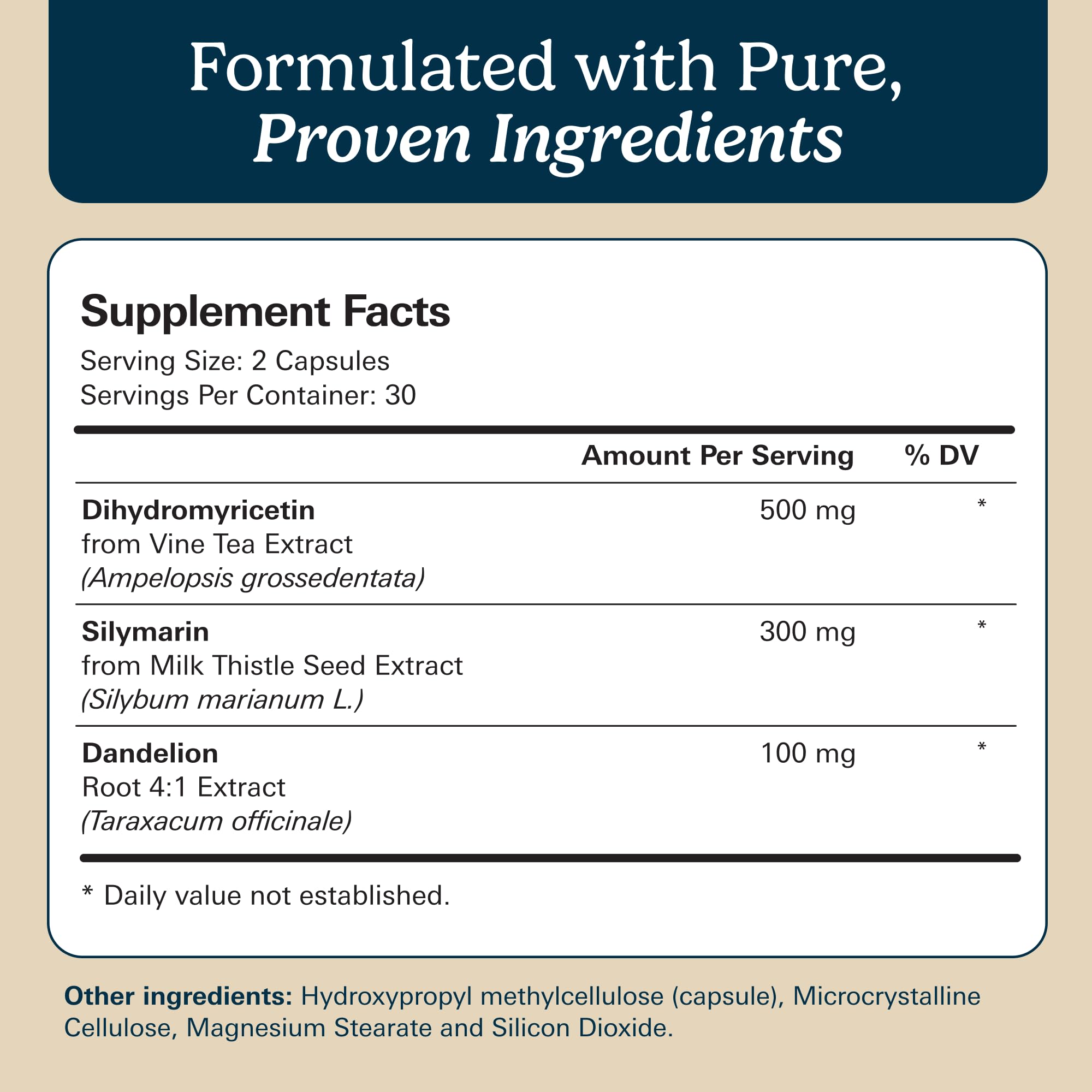 Santo Remedio ingredients label showing milk thistle, dandelion root, and DHM for detox support.