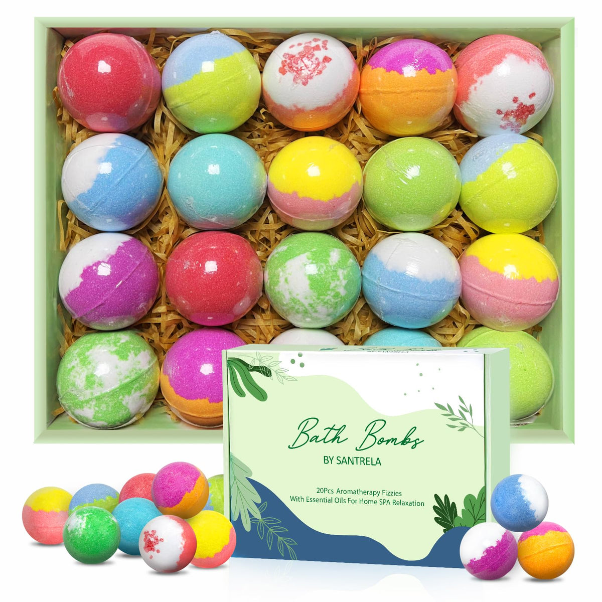 Santrela bath bombs 20-pack deliver vibrant fizz for a colorful bath experience.