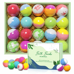 Santrela bath bombs 20-pack deliver vibrant fizz for a colorful bath experience.