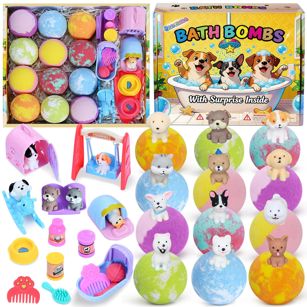 Santrela kids bath bombs with surprise inside in a 12-pack, colorful and engaging.