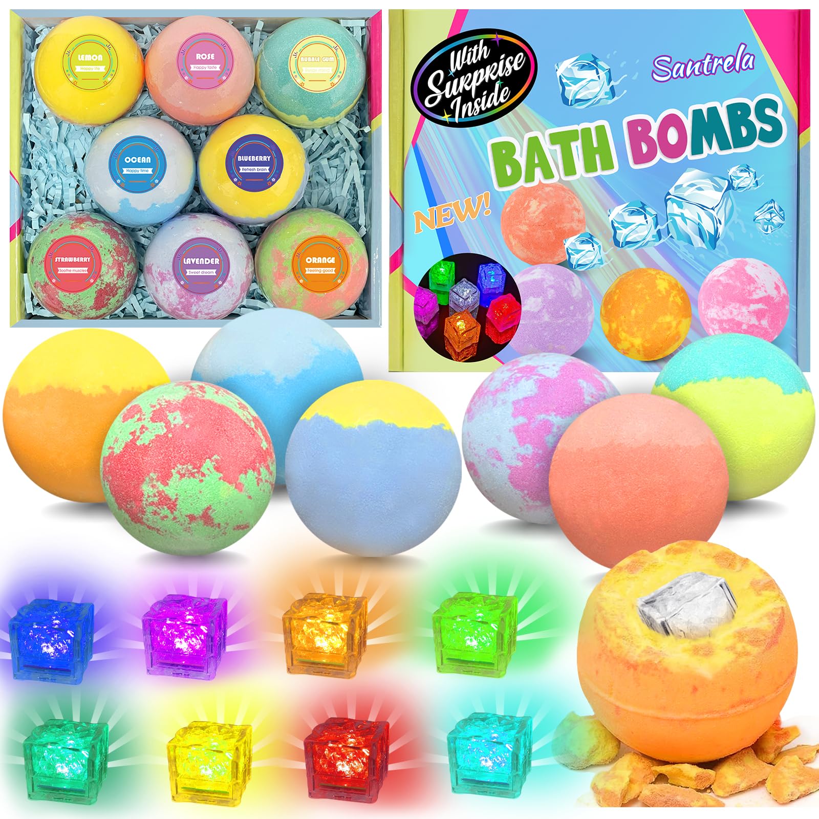 Santrela bath bombs with surprise toy inside in a gift box for kids