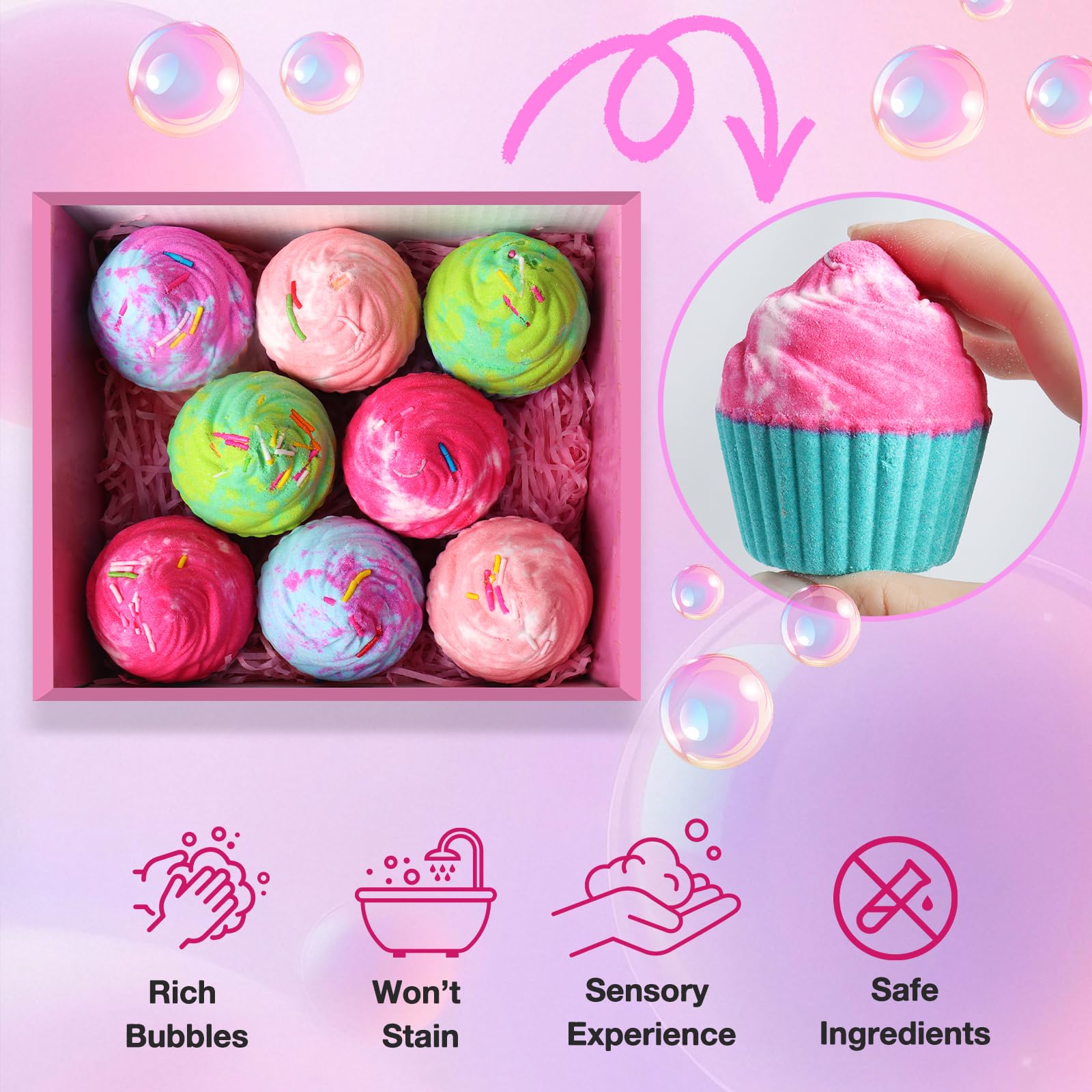 Santrela cupcake design with sprinkles and vibrant colors in a pink gift box.