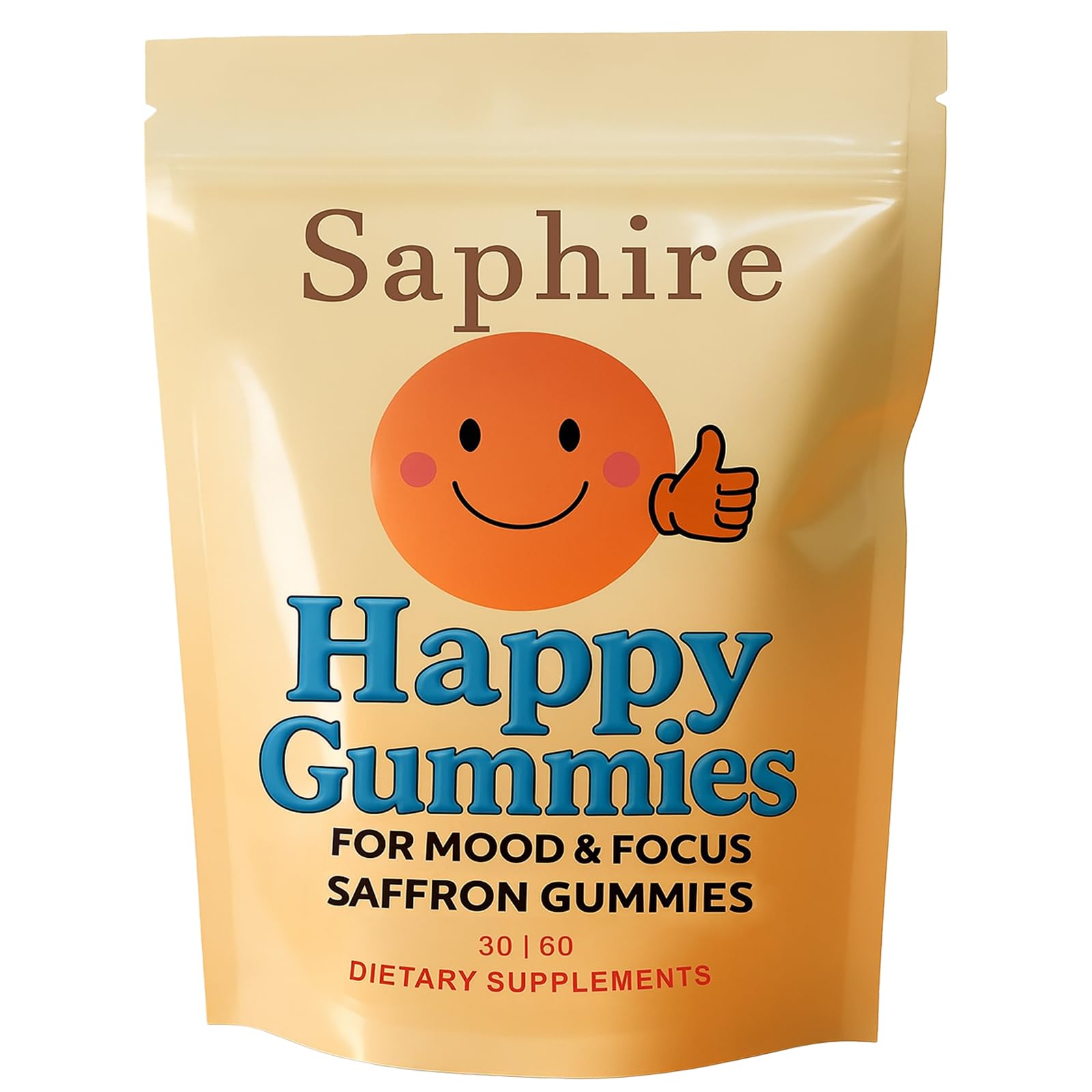 Saphire Happy Gummies bottle front shows calm focus support label.