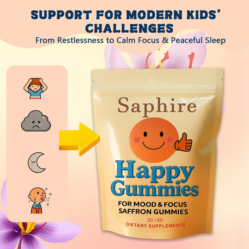 Saphire Happy Gummies in hand illustrate convenient, chewable daily supplement.