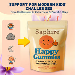 Saphire Happy Gummies in hand illustrate convenient, chewable daily supplement.