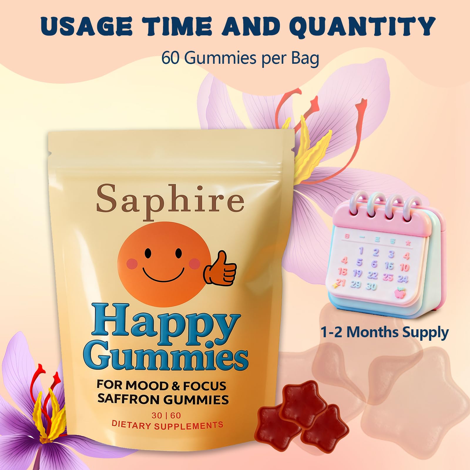 Saphire Happy Gummies label close-up with saffron and chamomile icons.