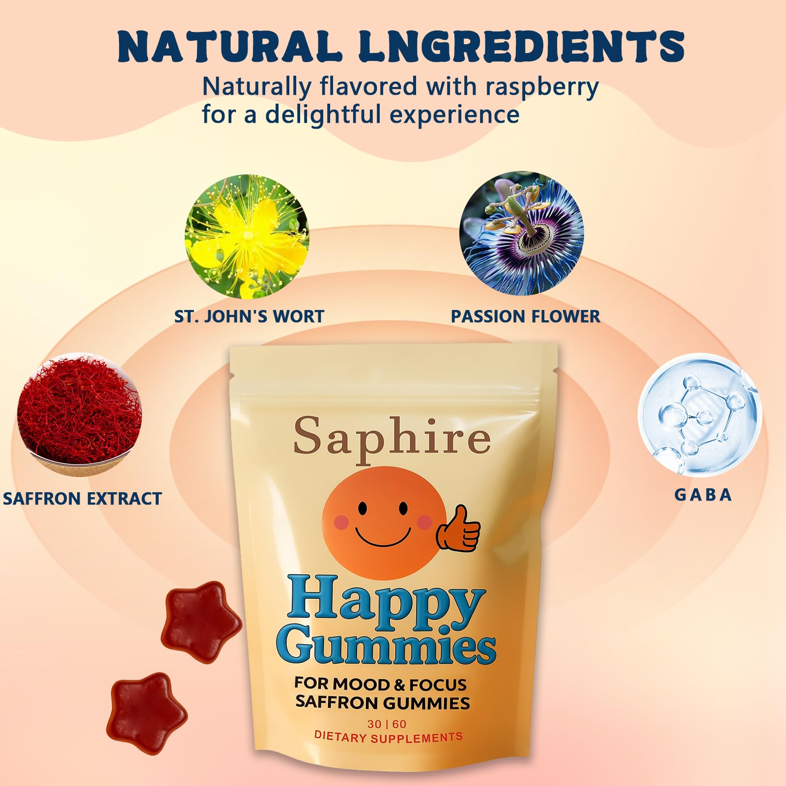 Saphire Happy Gummies being poured from the bottle for easy daily use.