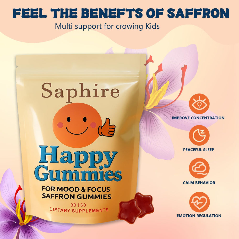 Saphire Happy Gummies raspberry flavor close-up highlights sugar-free mood balance.