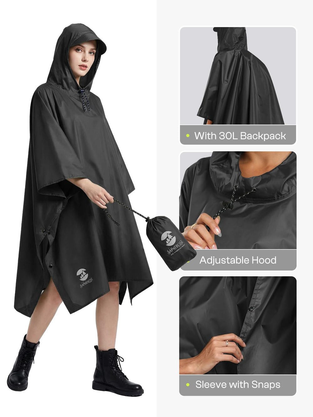 SaphiRose below-the-knee poncho offers full coverage in rain.