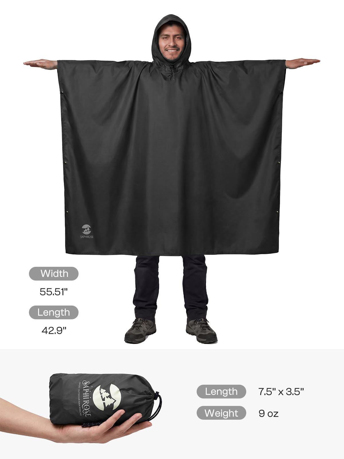 SaphiRose lightweight poncho folds into a compact pouch for easy travel.