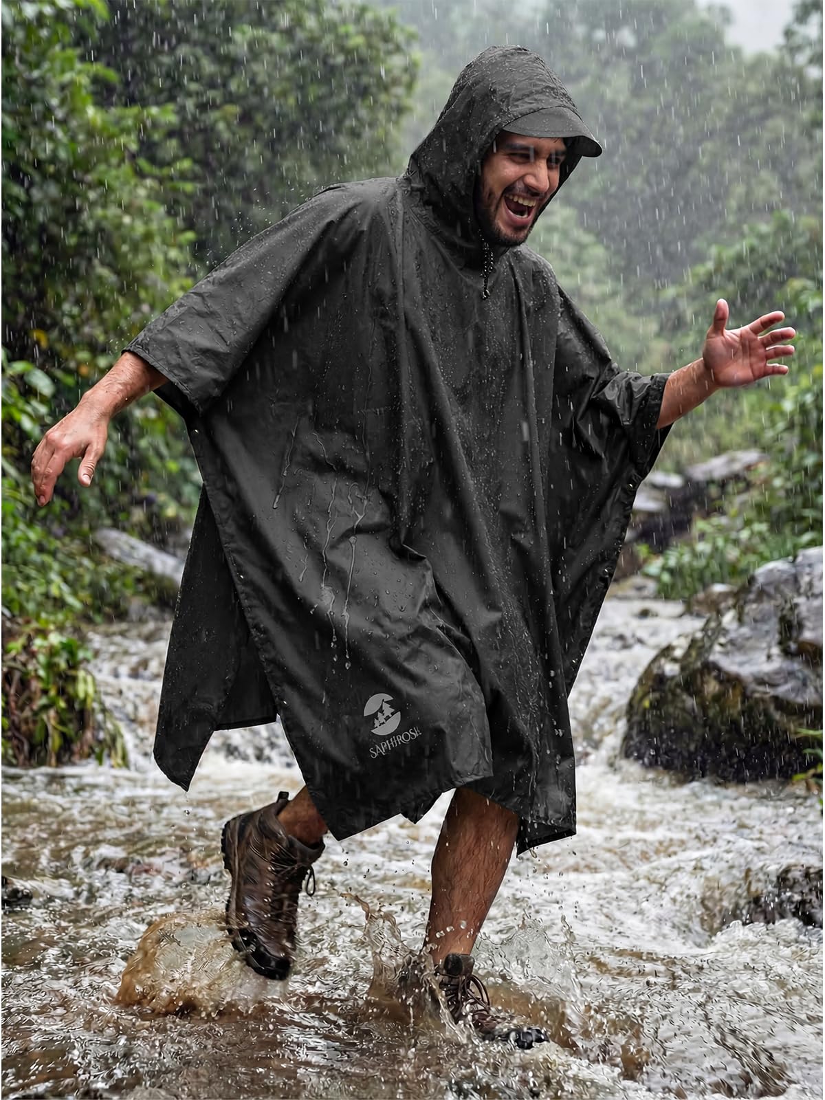 SaphiRose poncho with heat-sealed seams for reliable rain protection.