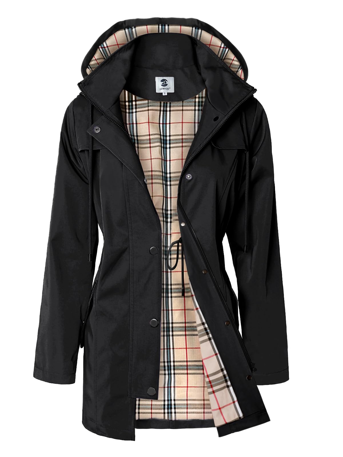 SaphiRose women's rain jacket front view showing water-resistant shell for light rain protection.
