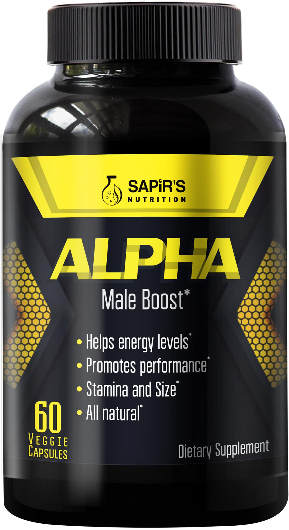 Sapir's Nutrition Alpha Testosterone Booster bottle supports daily energy and focus