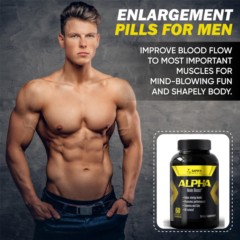 Closeup of Sapir's Nutrition Alpha Testosterone Booster capsules for daily vitality