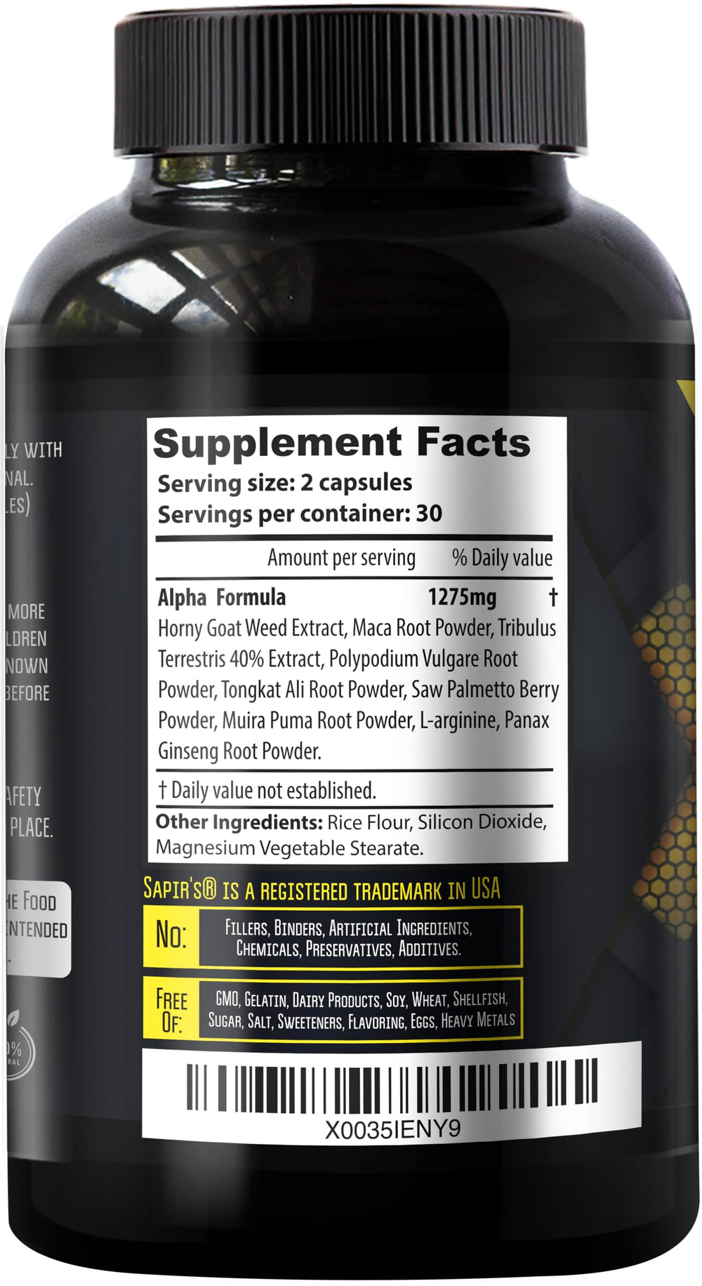 Packaging box of Sapir's Nutrition Alpha Testosterone Booster signaling natural ingredients