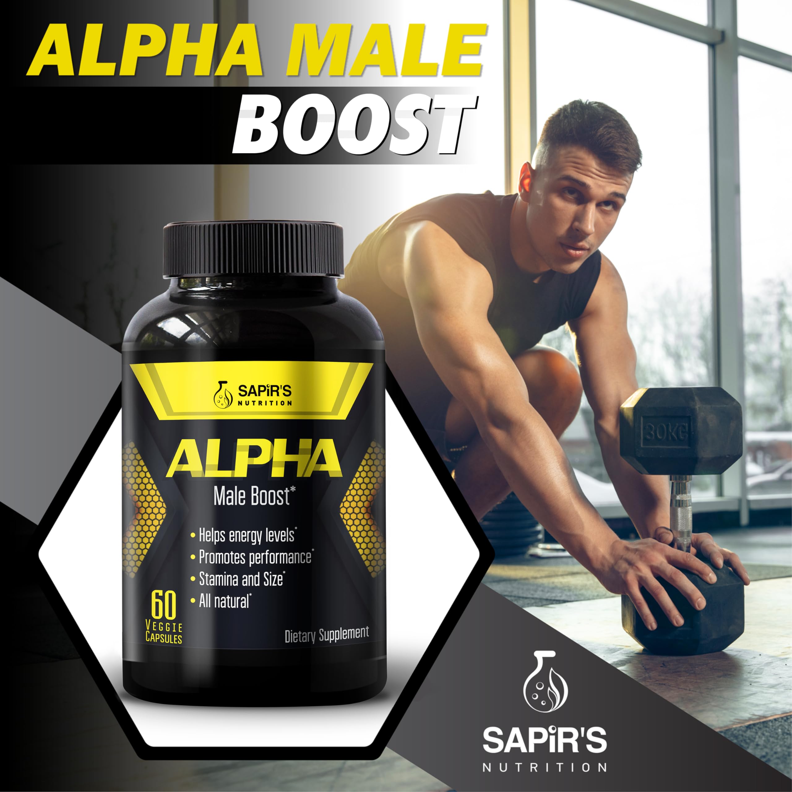 Capsules from Sapir's Nutrition Alpha Testosterone Booster in gym setting boost energy