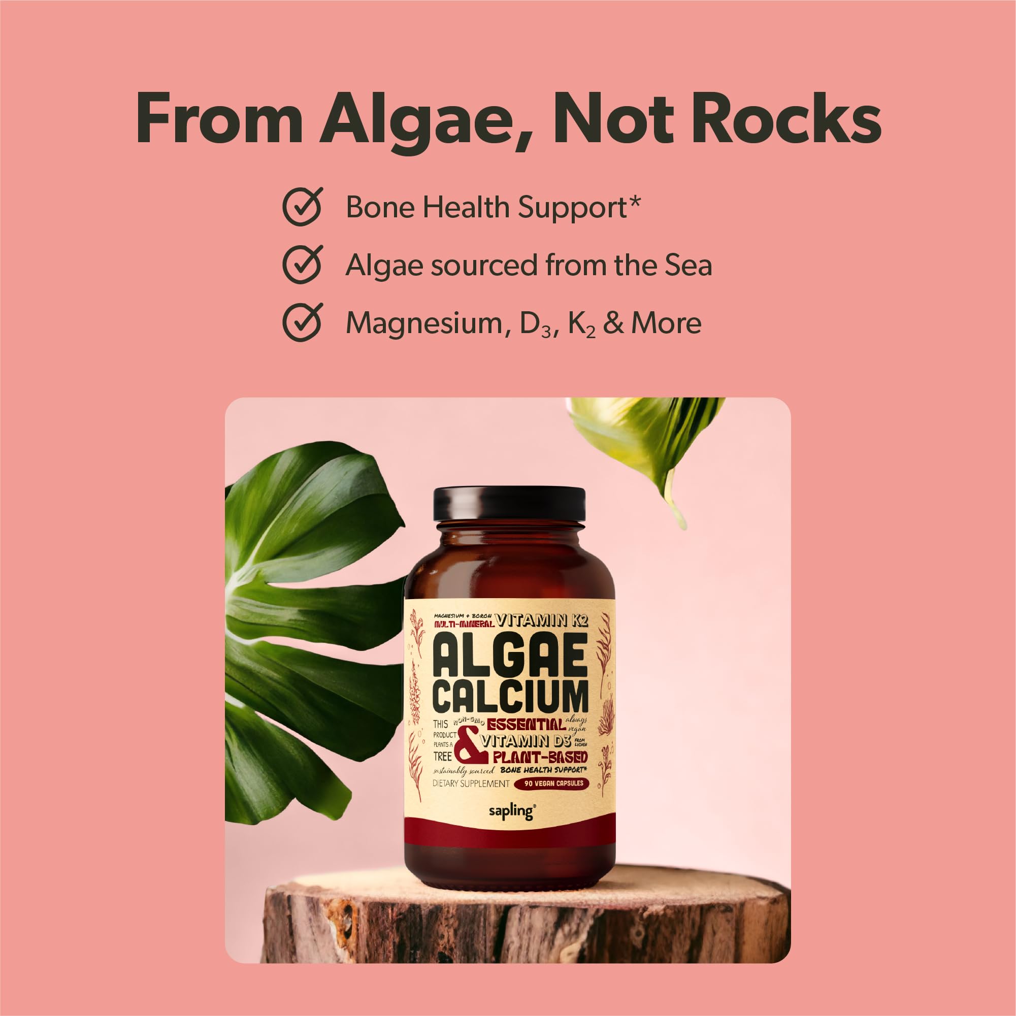 Sapling Algae Calcium sustainability graphic emphasizes one tree planted per bottle