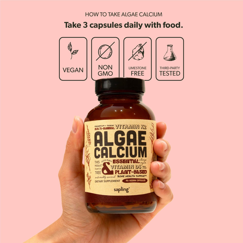 Sapling Algae Calcium ingredients panel shows K2, D3, zinc, manganese