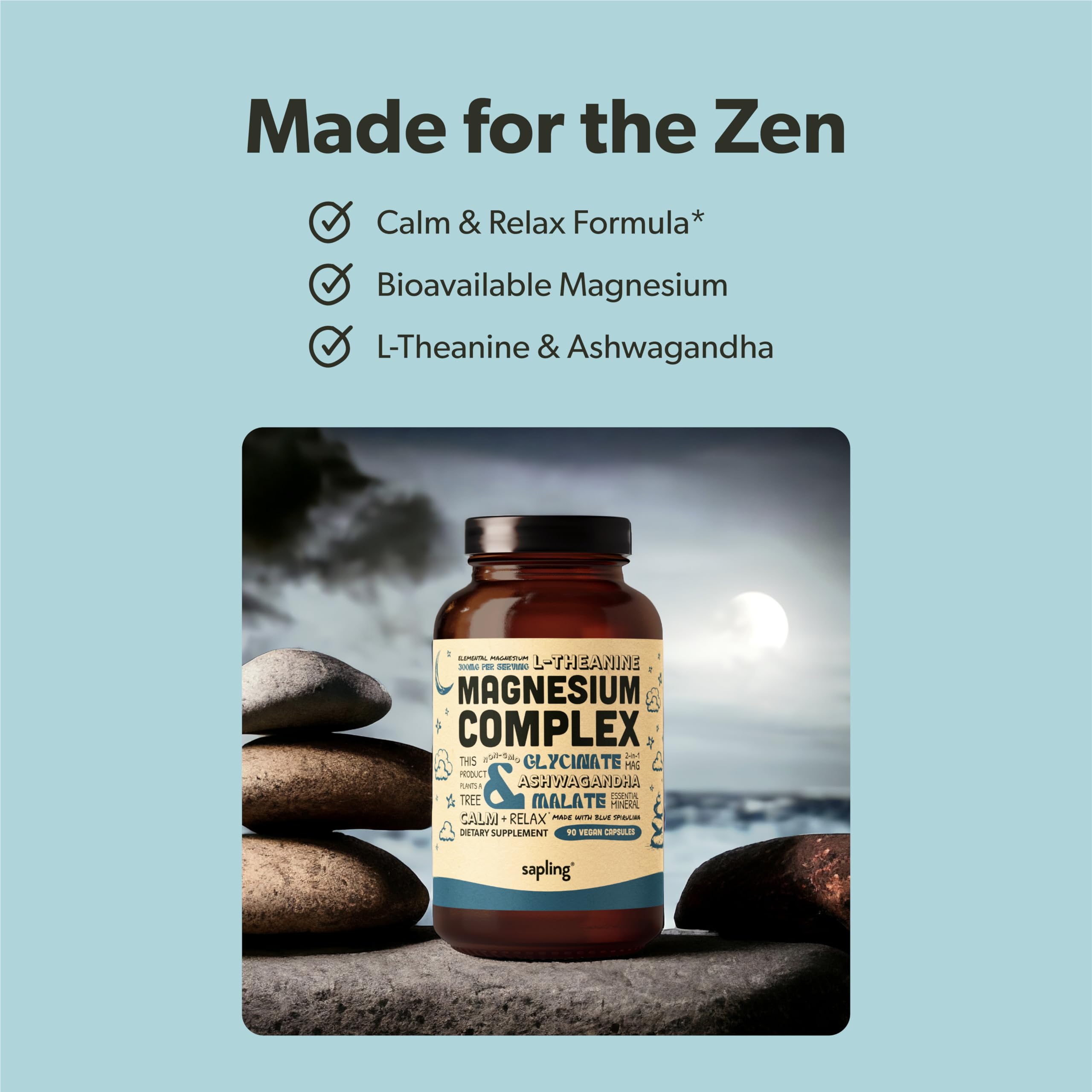 Close-up of Sapling magnesium glycinate capsules highlighting chelated magnesium for absorption.