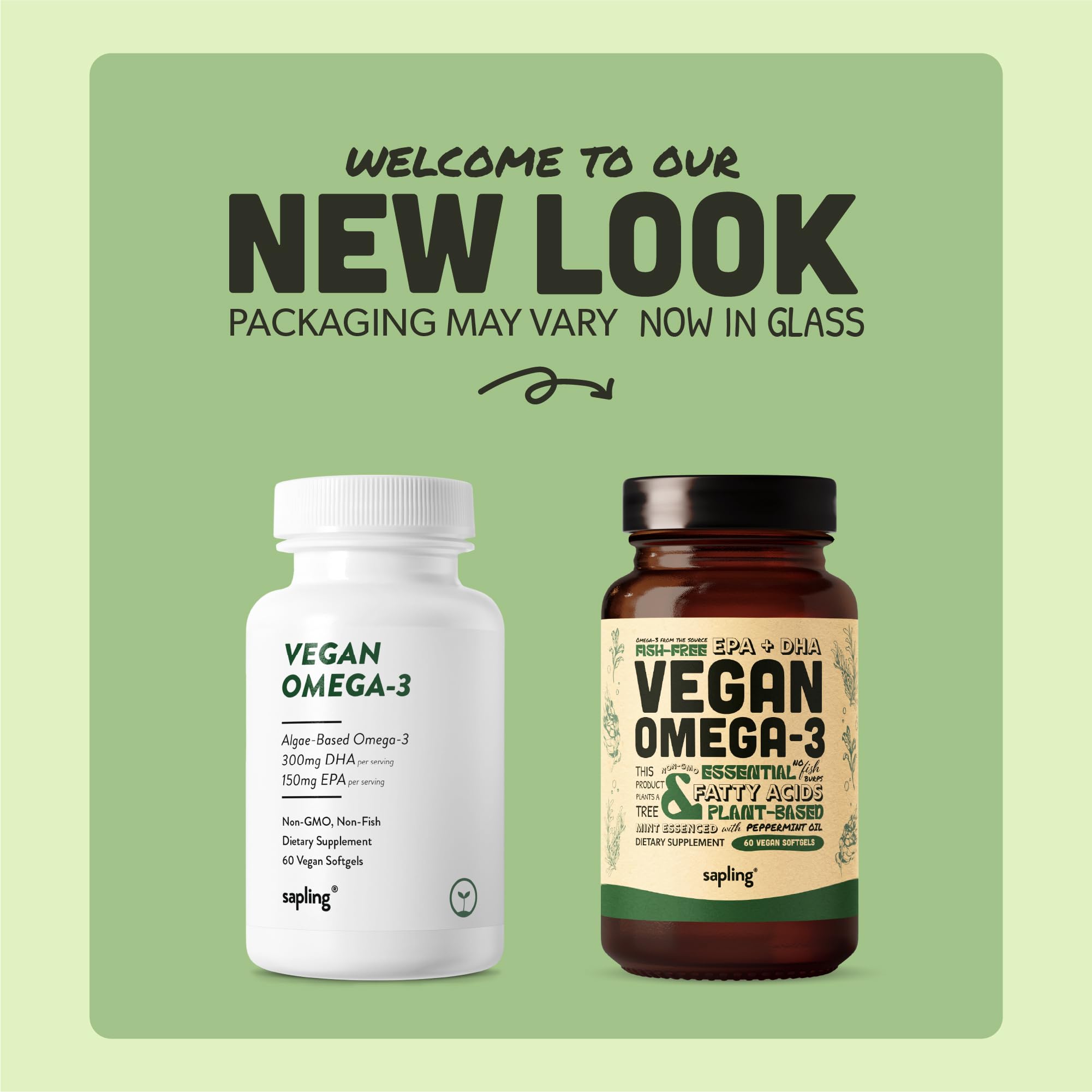 Sapling omega-3 bottle label emphasizes carrageenan-free and USA-sourced quality.
