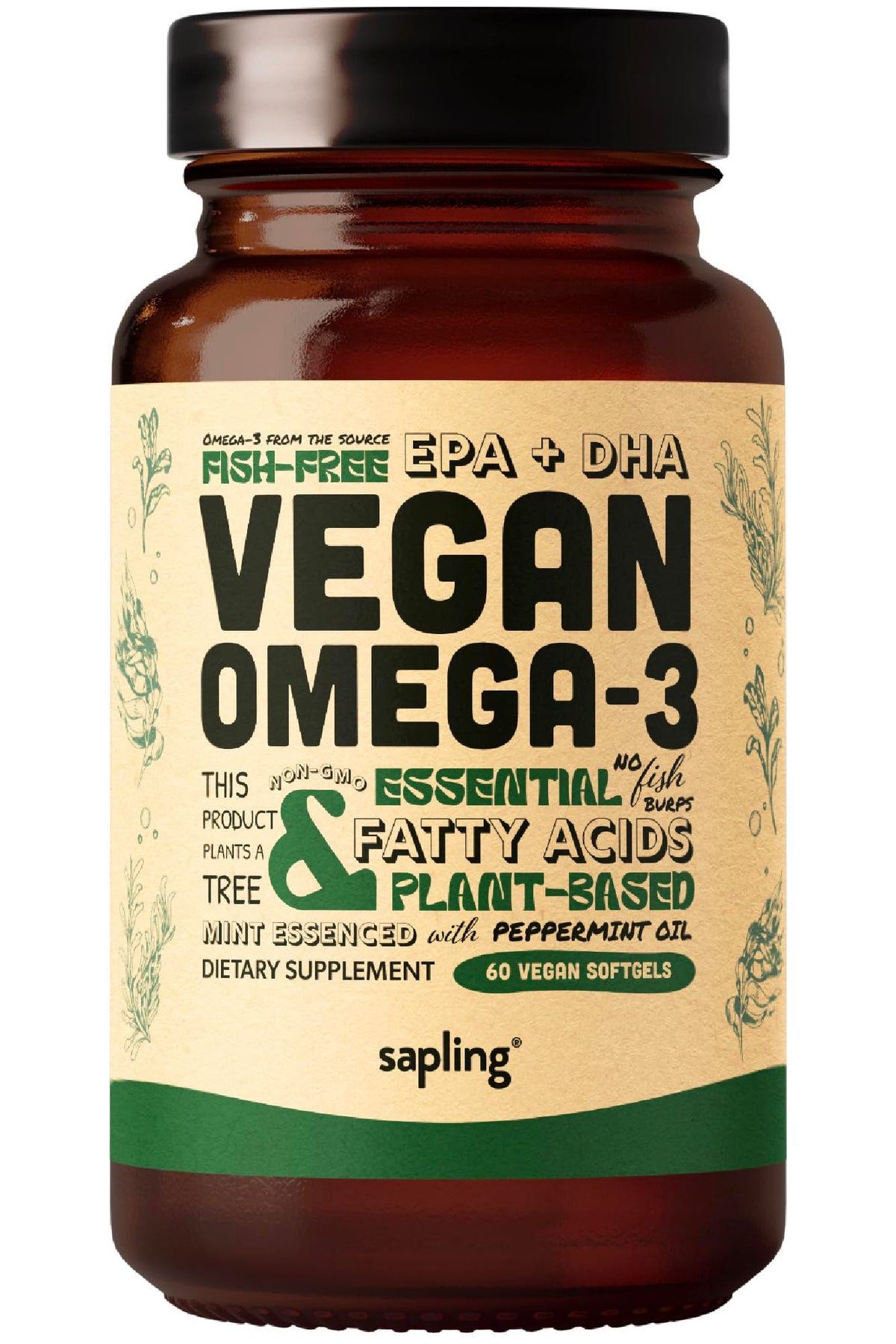 Sapling vegan omega-3 softgels bottle, may support heart and brain health.