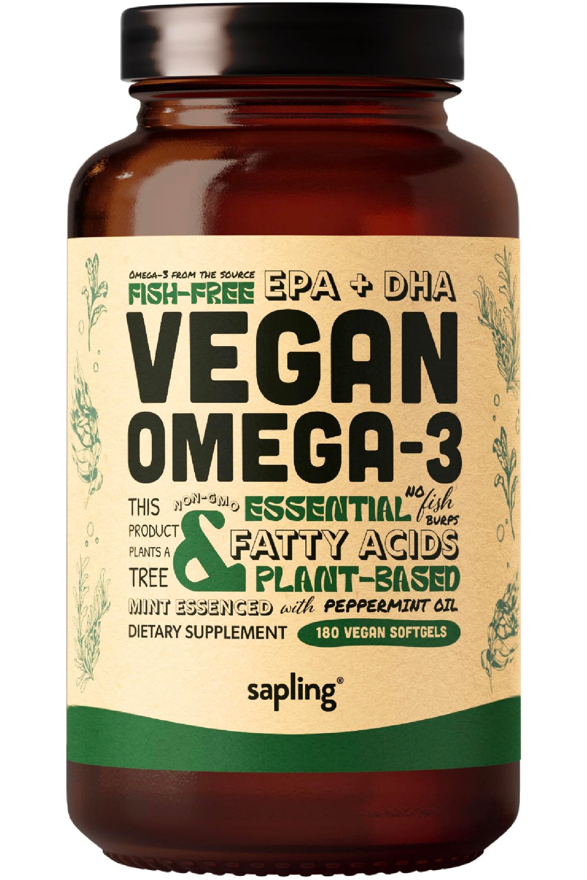 Sapling Vegan Omega-3 bottle front shows US-grown algae providing DHA and EPA.