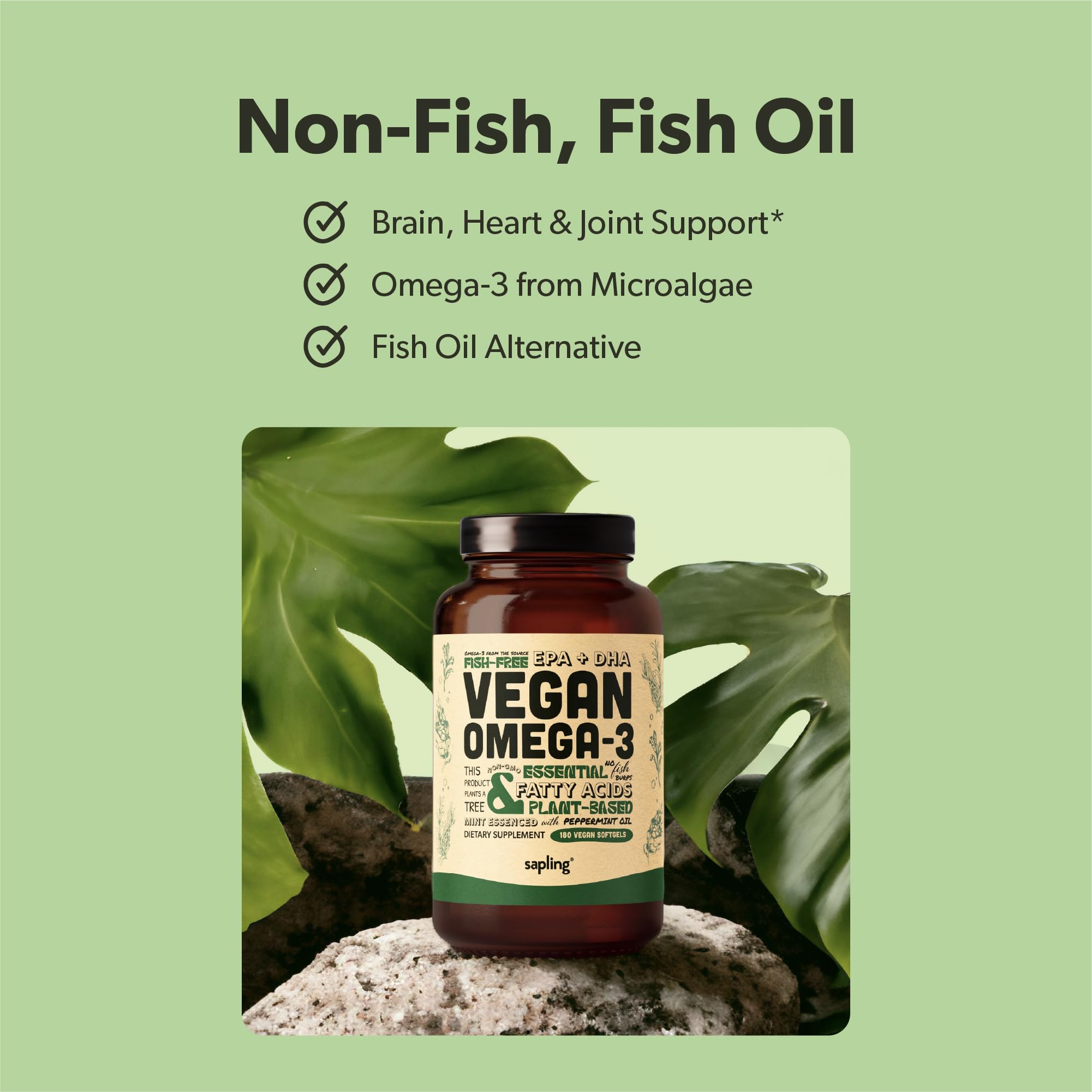 Close-up of Sapling Vegan Omega-3 softgels highlighting smooth, easy-to-swallow capsules.
