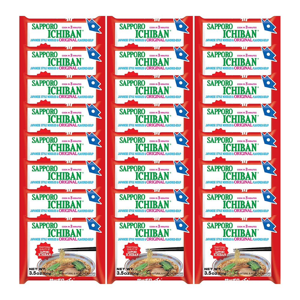 Sapporo Ichiban original soy sauce ramen packaging, easy pantry storage.