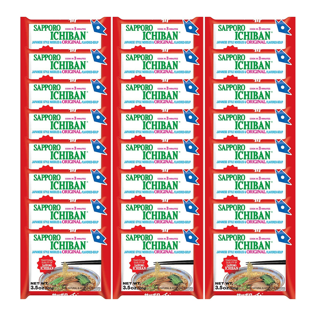 Sapporo Ichiban original soy sauce ramen packaging, easy pantry storage.