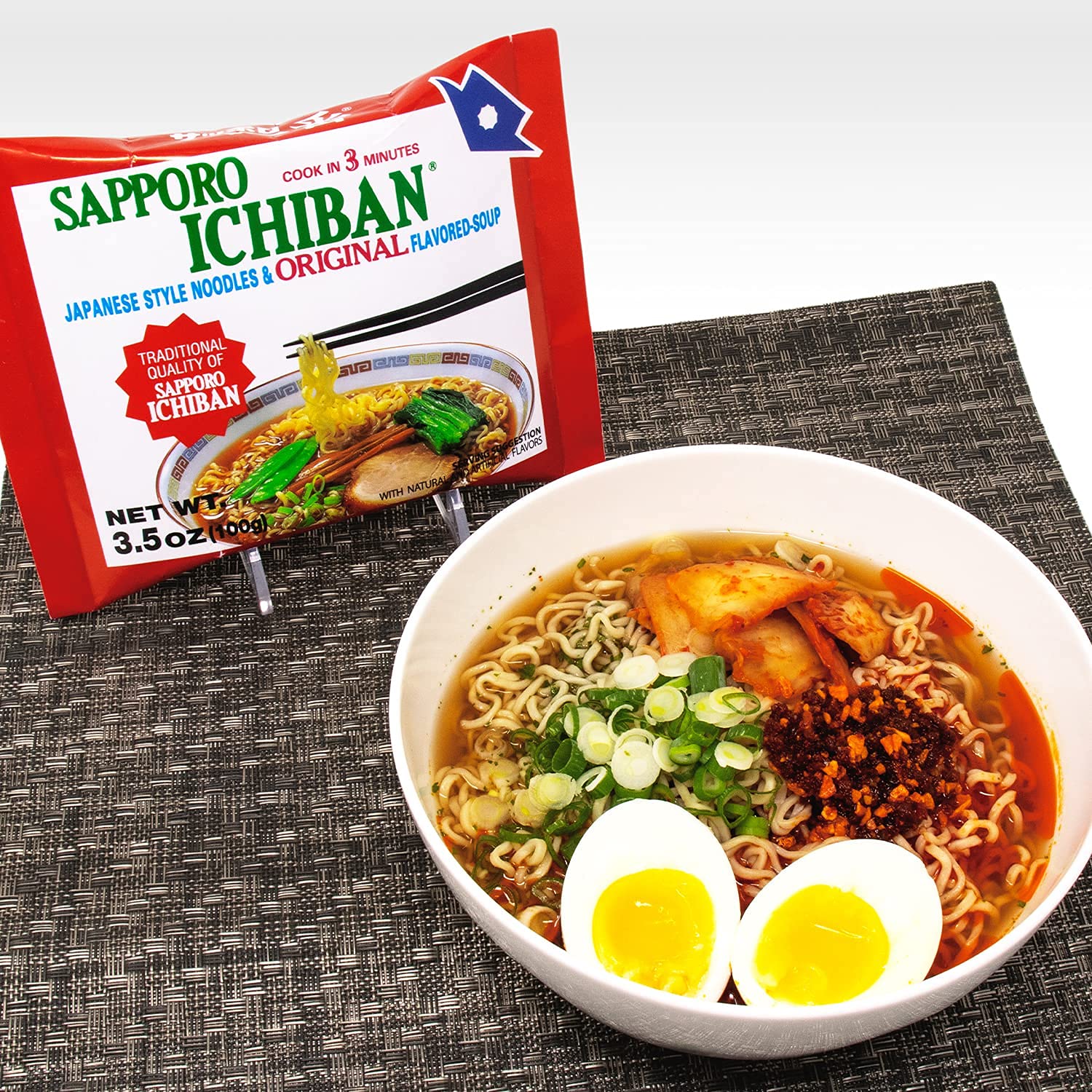 Ready-to-serve setup of Sapporo Ichiban ramen for fast meals.