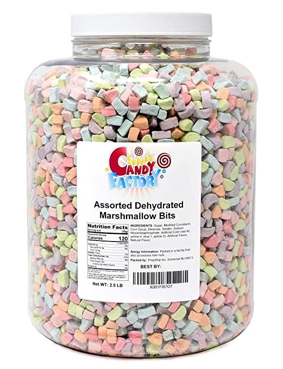 Sarah's Candy Factory assorted dehydrated marshmallow bits in a jar for topping cereals