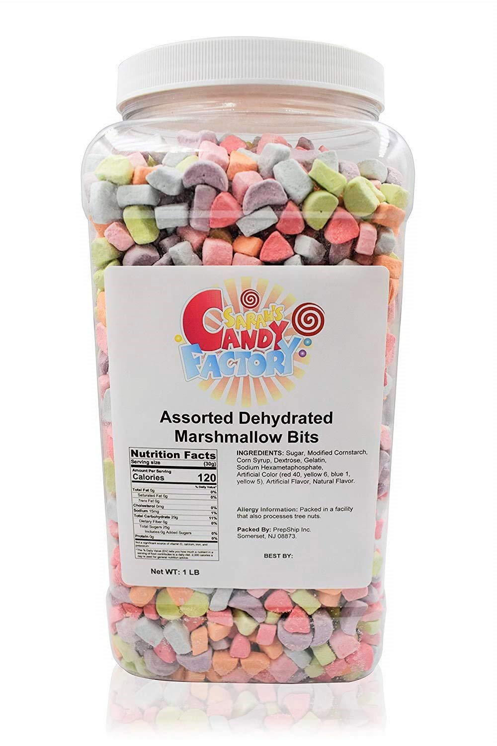 Sarah's Candy Factory assorted dehydrated marshmallow bits in a jar, colorful dessert toppings.