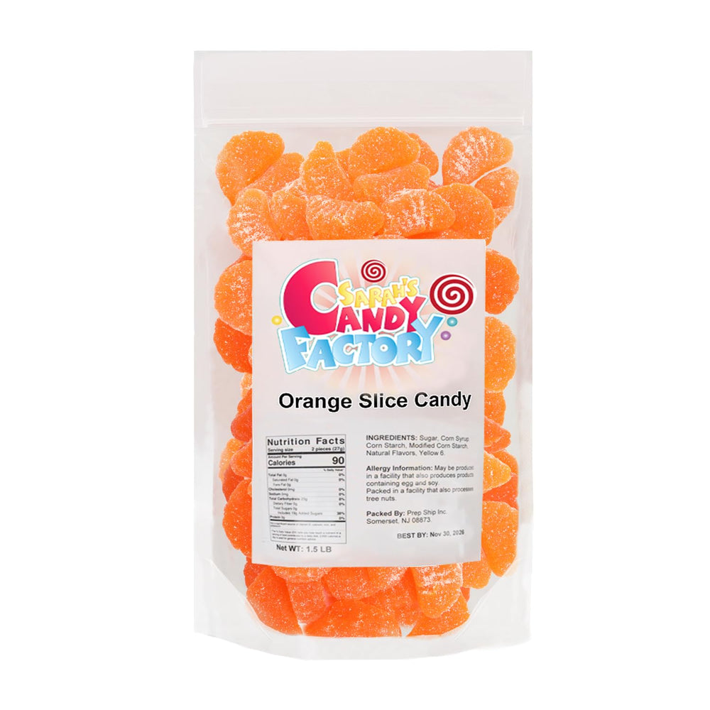 Sarah's Candy Factory orange slices gummy resealable bag keeps freshness and portable snacking.