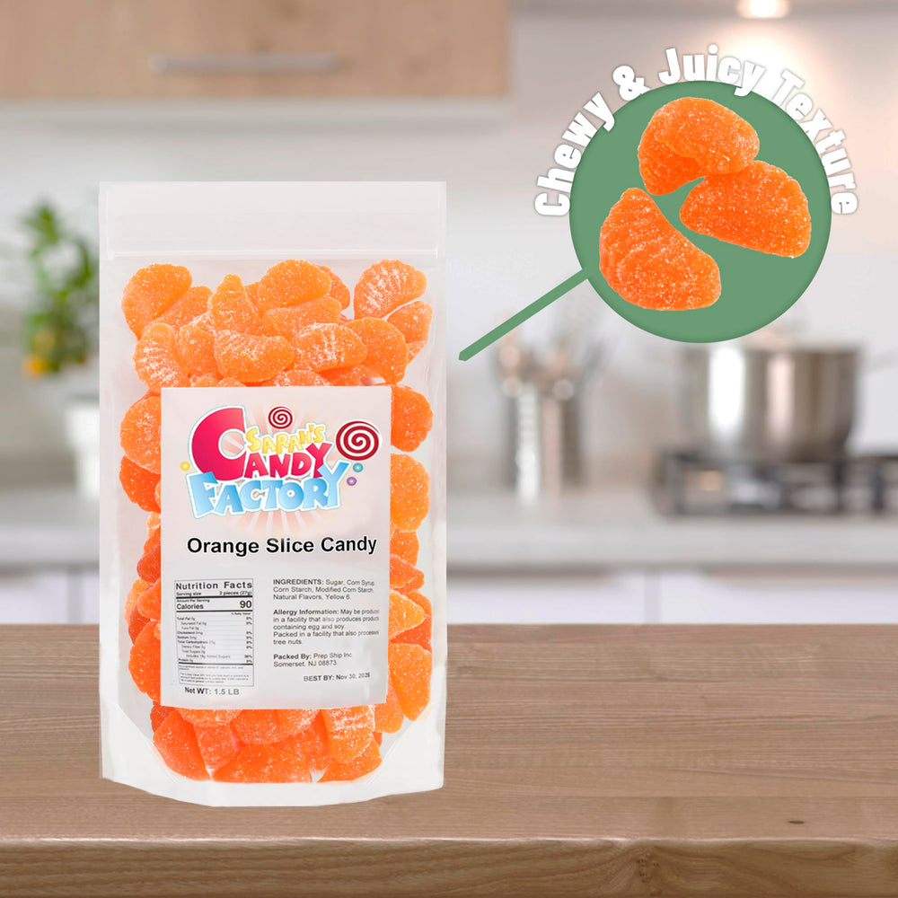 Sarah's Candy Factory orange slices gummy work breakroom pick-me-up boosts mood with fruity flavor.