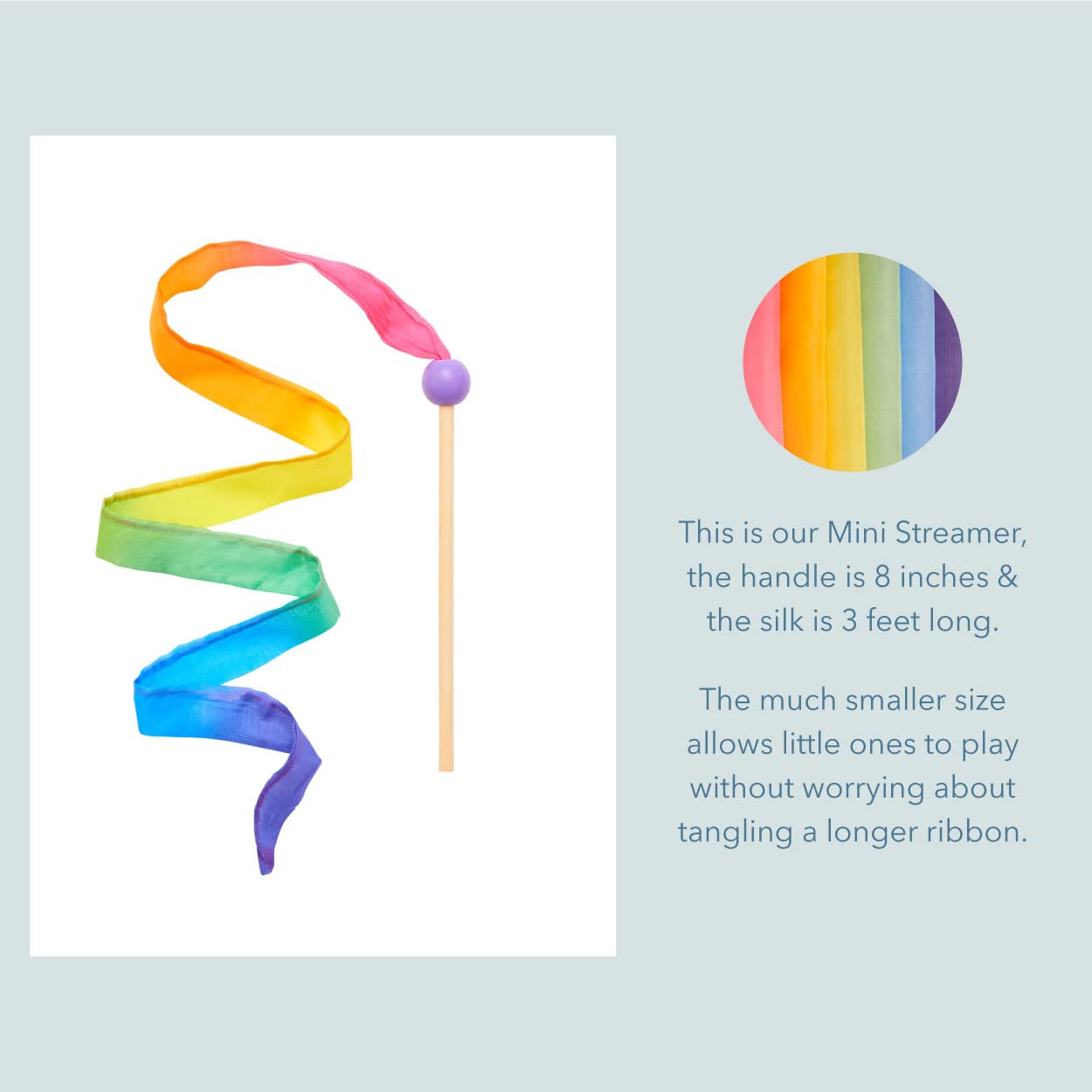 Sarah's Silks Mini Rainbow Streamer serves as a versatile prop for princess themes and rhythmic movement.