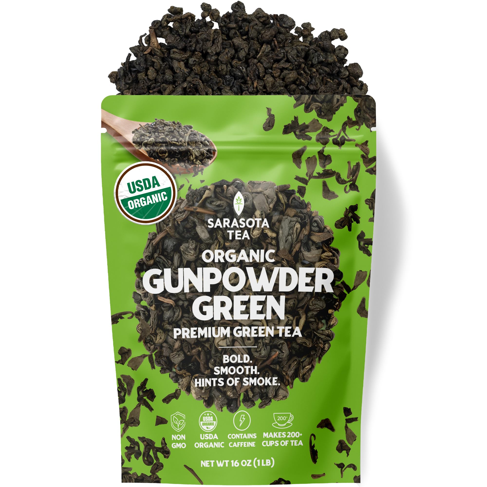 Sarasota Coffee & Tea Co. Organic Gunpowder loose-leaf tea ready for brewing.
